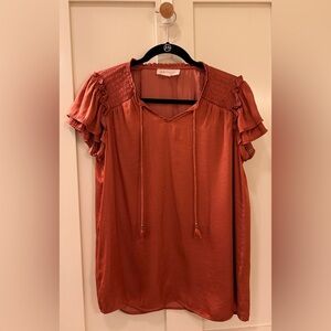 Philosophy Blouse Orange Smocked Ruffle Flutter Sleeve Pullover Top Size M